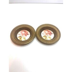 antique 2 Vintage Brass & floral Enamel Trinket Dish Trays 3" Across